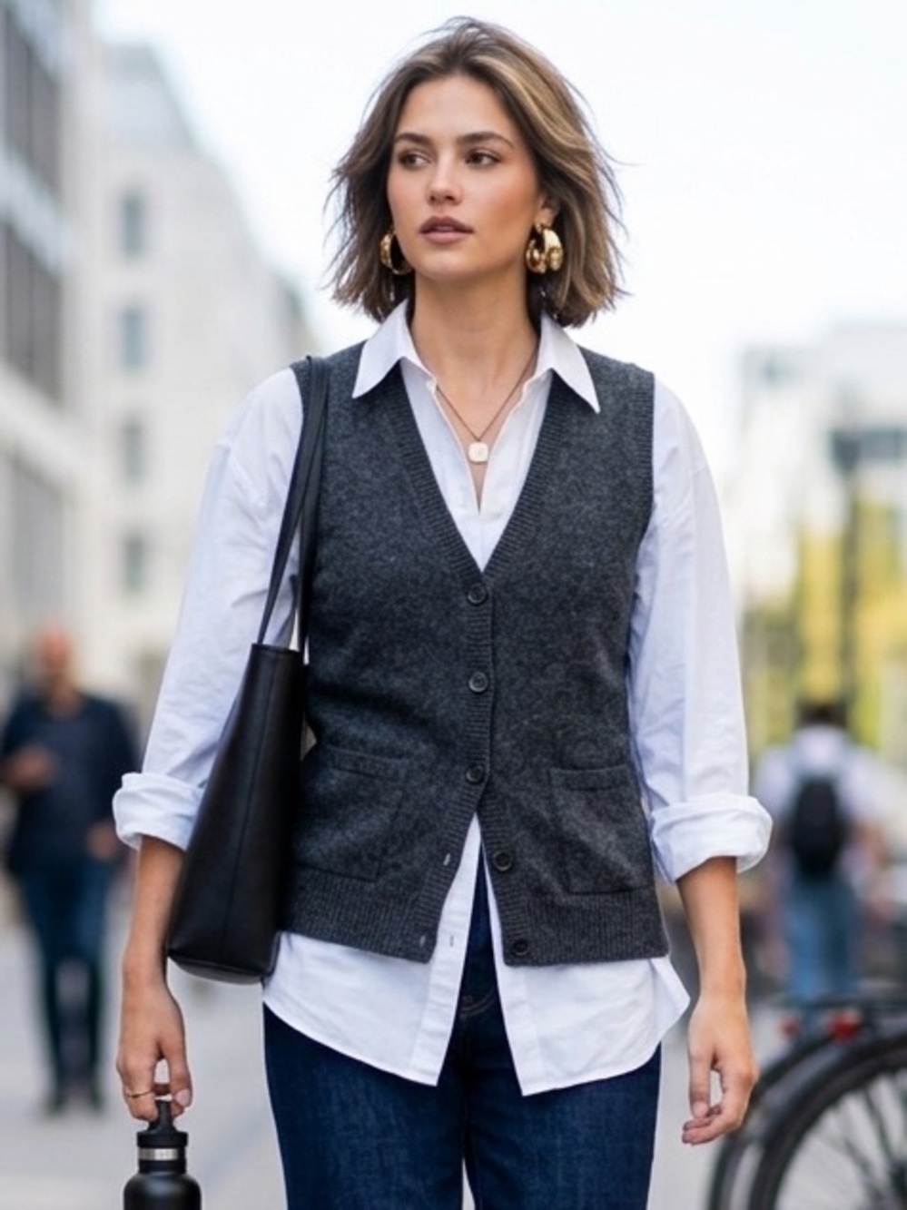 CAbi Dark Grey Wool Button Front Y Neck Sweater Vest Size S ( Style 152)